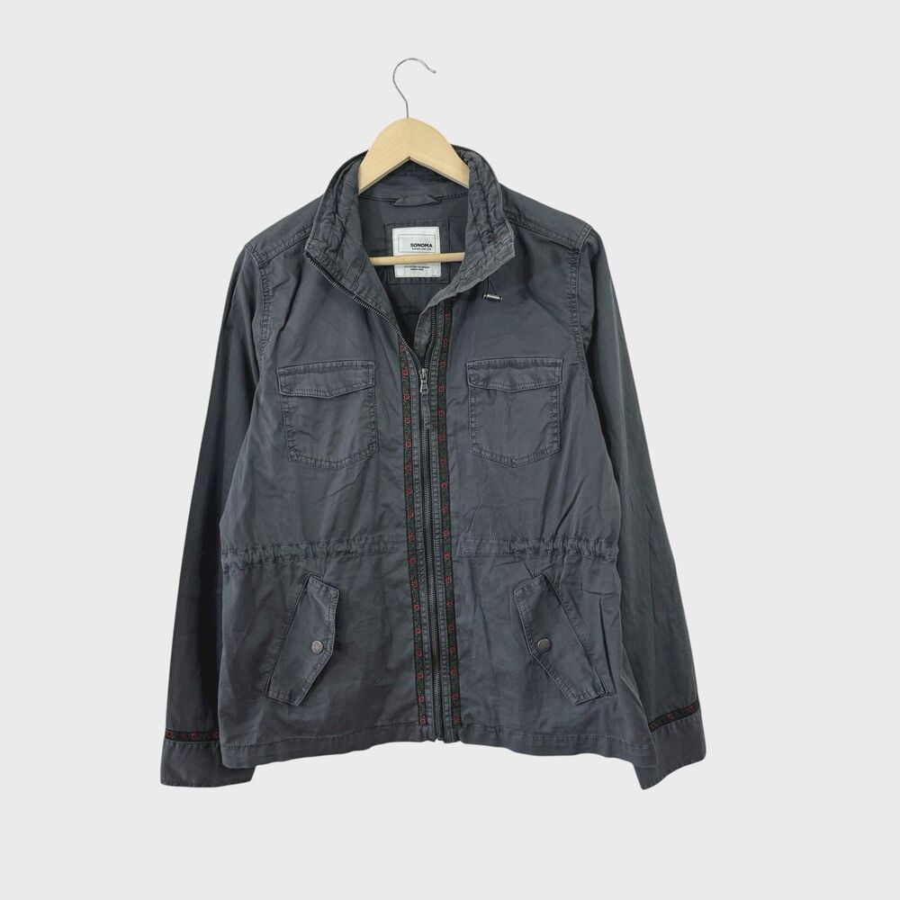 Sonoma Large Gray Utility Jacket Floral Ribbon Trim Lightweight Cotton Womens